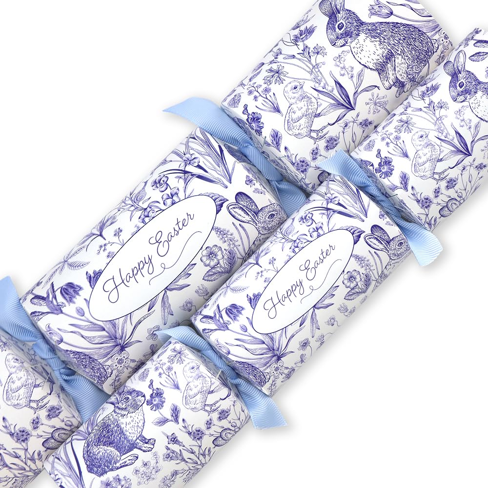 That's Crackers Blue Happy Easter | Easter Toile De Jouy | 6 Large Crackers & Ribbon | Make Fill Your Own