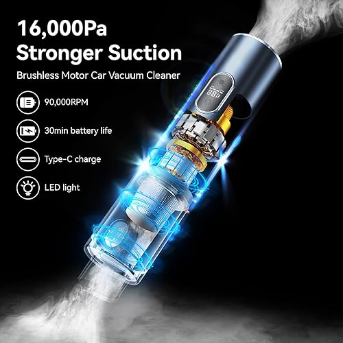 Miniatura 2 de Aspirador de coche de alta potencia, potente aspiradora inalámbrica de mano de 16000 PA, aspiradora portátil 3 en 1 con pantalla LCD, luz LED y