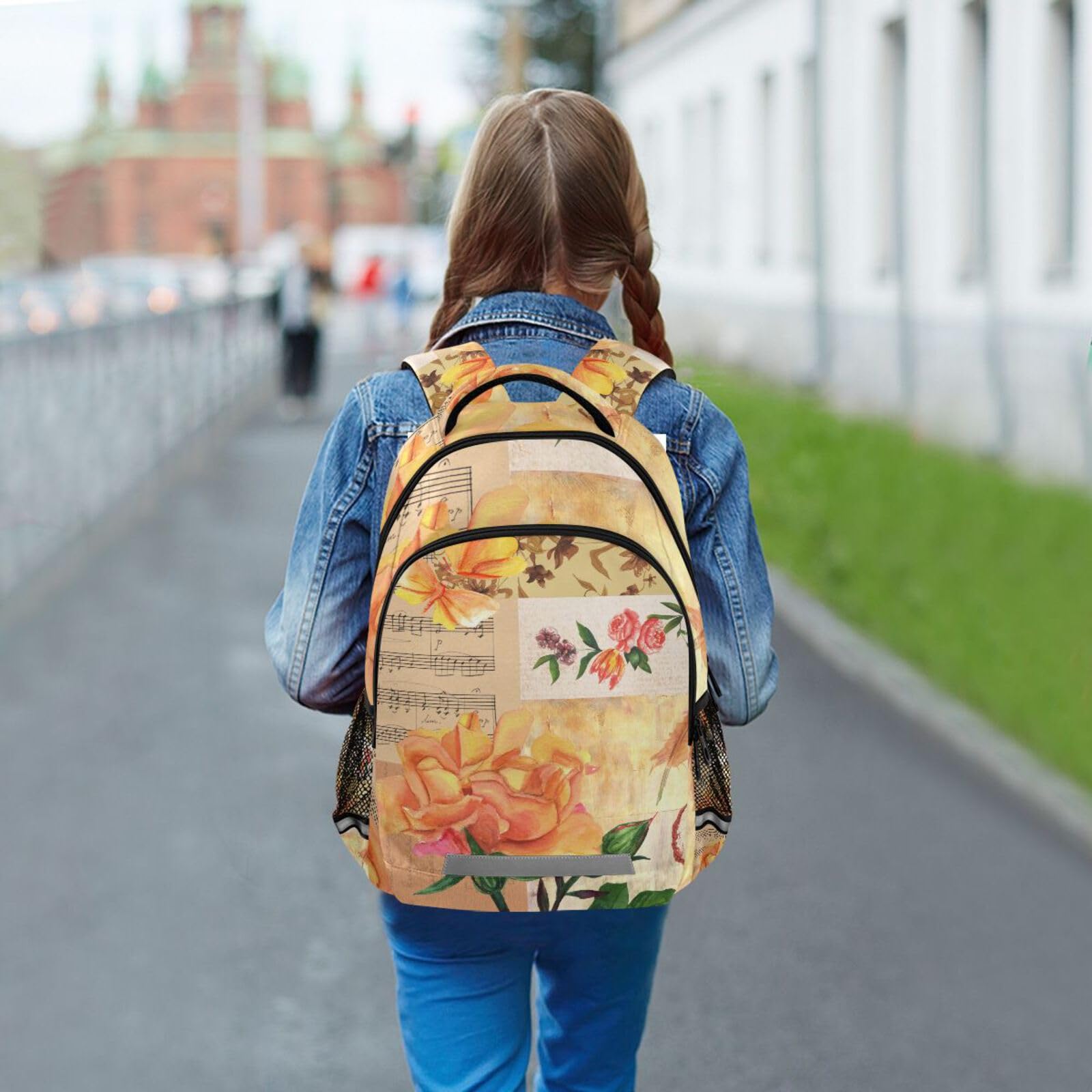 Vintage Rosen Schmetterlinge Notenrucksack für Kinder Schultasche Studenten Jungen Mädchen Büchertasche Elementar Reiserucksack Tagesrucksack Laptoptasche, gelb, 29.5x17.5x42.5cm