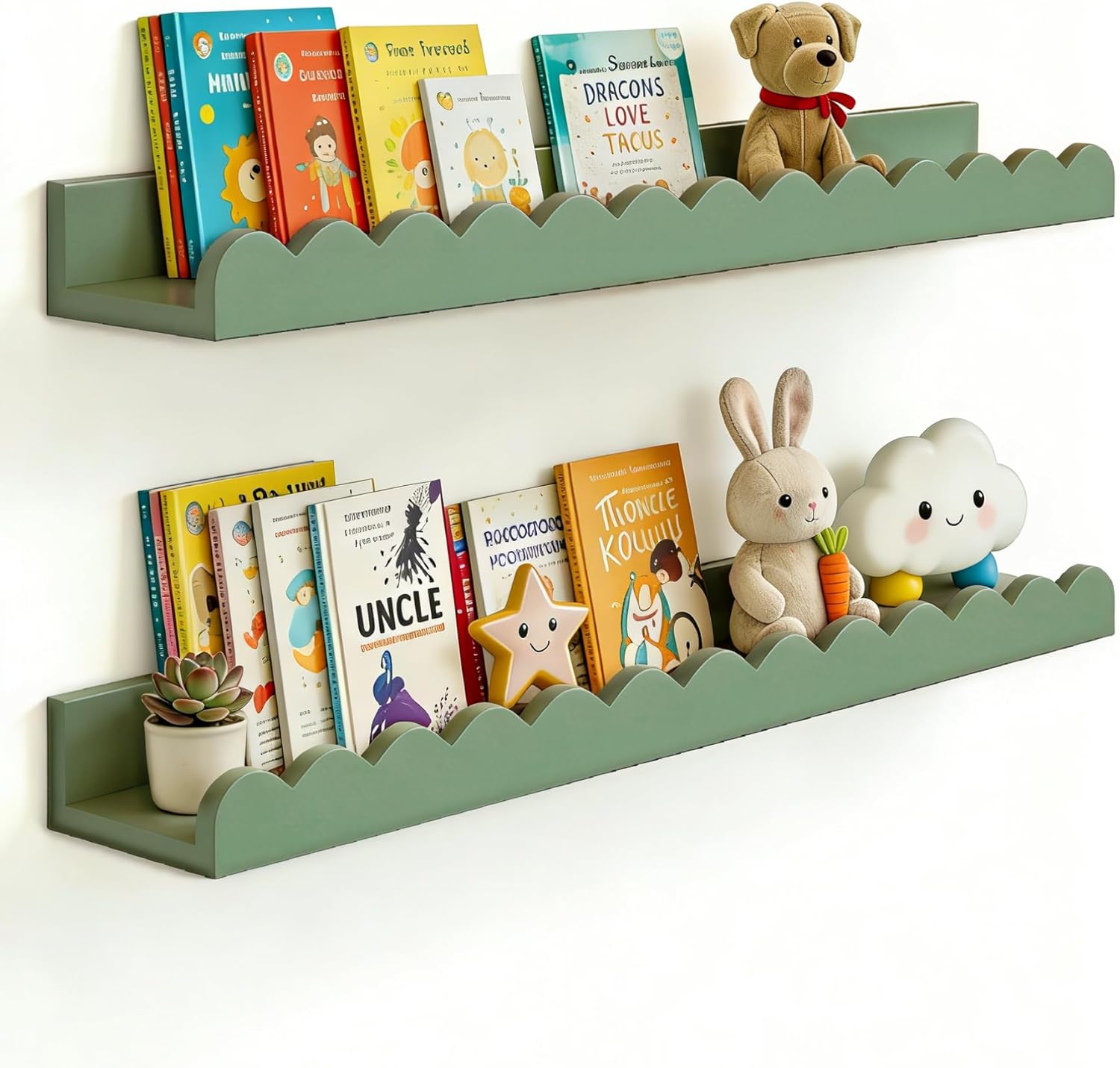 Nursery Book Shelves 20Inches, Scalloped Floating Shelves for Bedroom Kids, Nursery Shelves for Wall 2 Pack, Scalloped Shelf for Toddler Room, Baby Room, Sage, Large