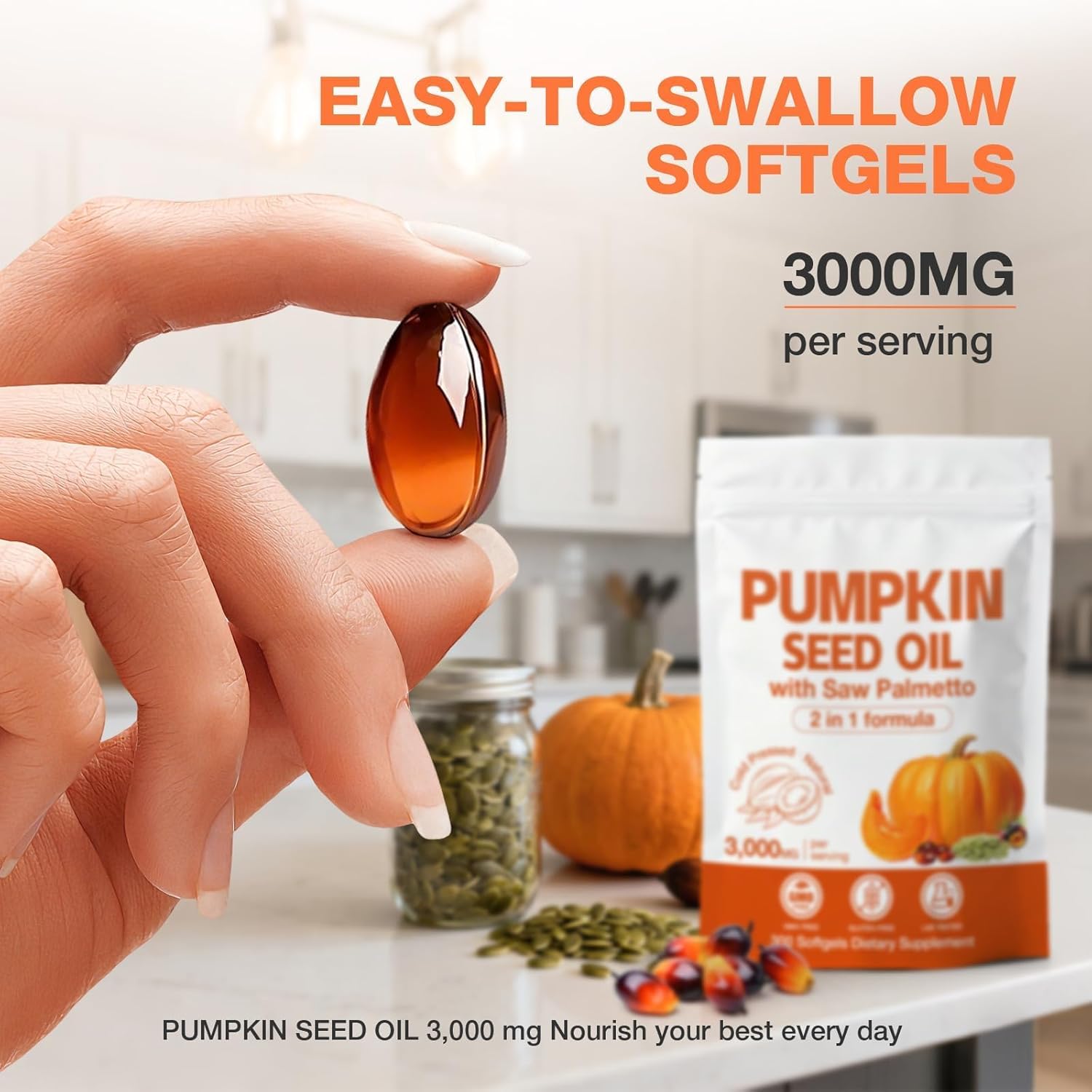 Pumpkin Seed Oil with Saw Palmetto Capsules 300 Softgels - 3000mg Max Strength, Cold-Pressed, Supports Hair, Urinary, Bladder & Prostate Health, Boosts Immunity, Non-GMO