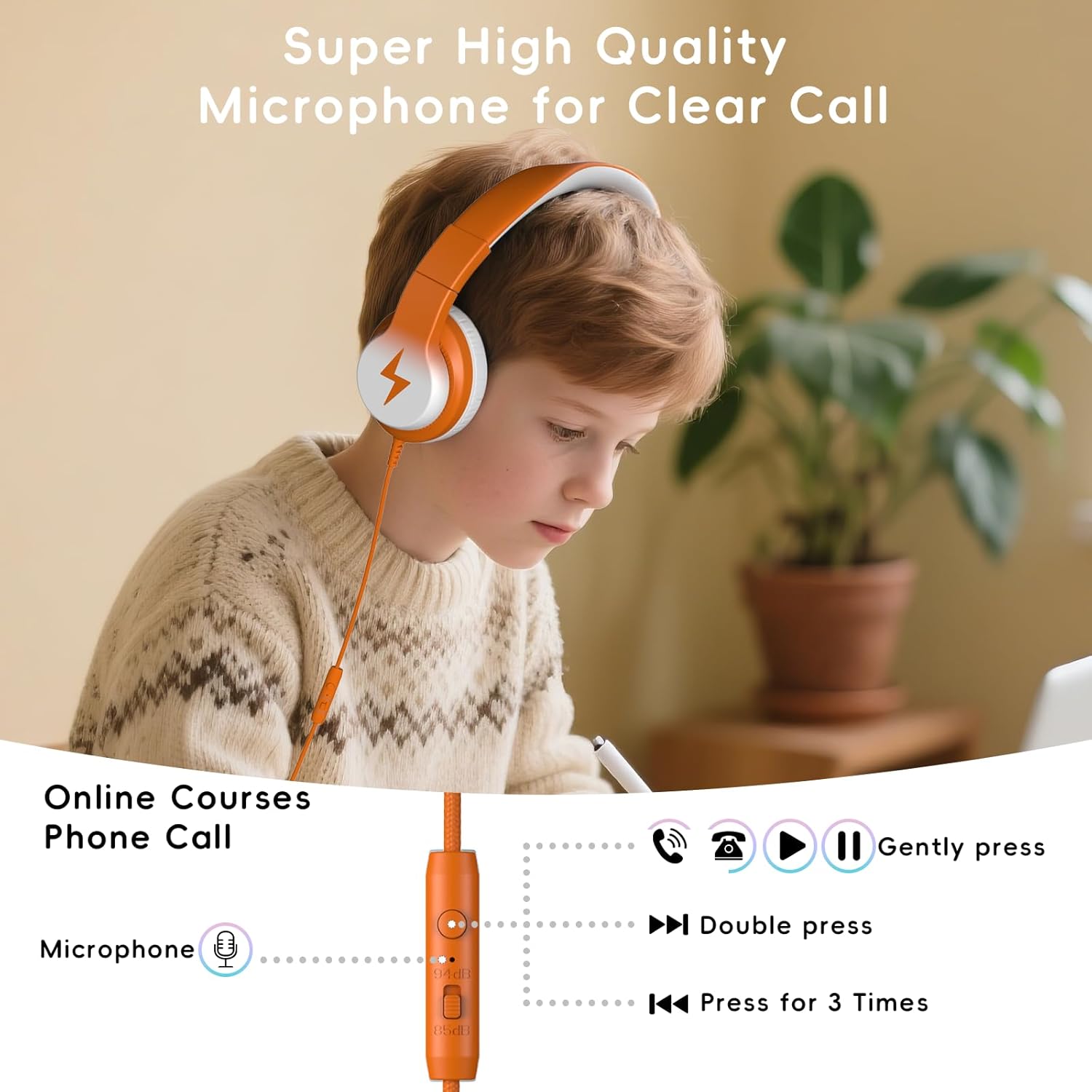  Wired Kids Headphones for School, Over-Ear for Boys Girls | Volume Limiter 85/94dB, HD Stereo Sound, Microphone and Wired Control, Foldable Design White and Orange thumbnail