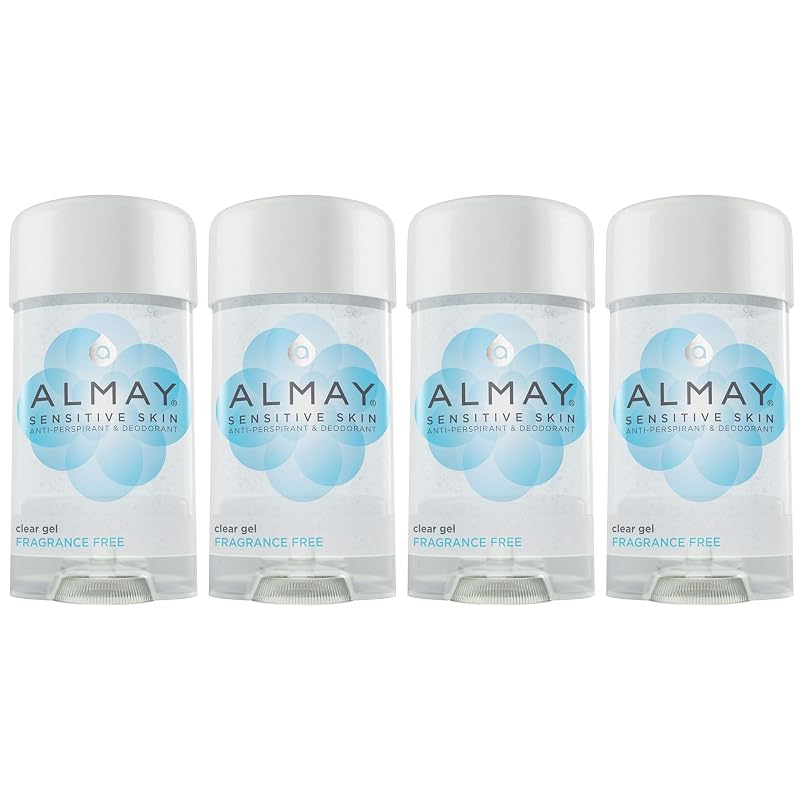 Desodorante antitranspirante em gel transparente Almay para pele sensível, sem fragrância, pacote com 4 de 63 mL