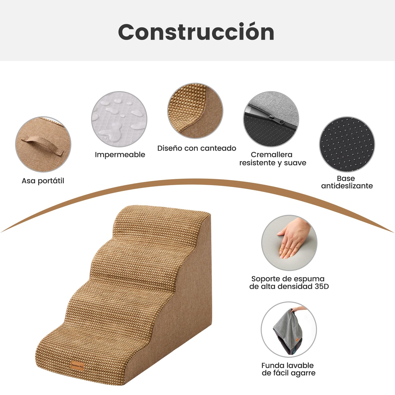 Gardner Pet Escalera para Perros Grade 4 de Espuma de Alta Densidad, 47 cm de Ancho, con Funda extraíble, Antideslizante, facilita el Acceso de Las Mascotas a sofás y Camas - Marrón