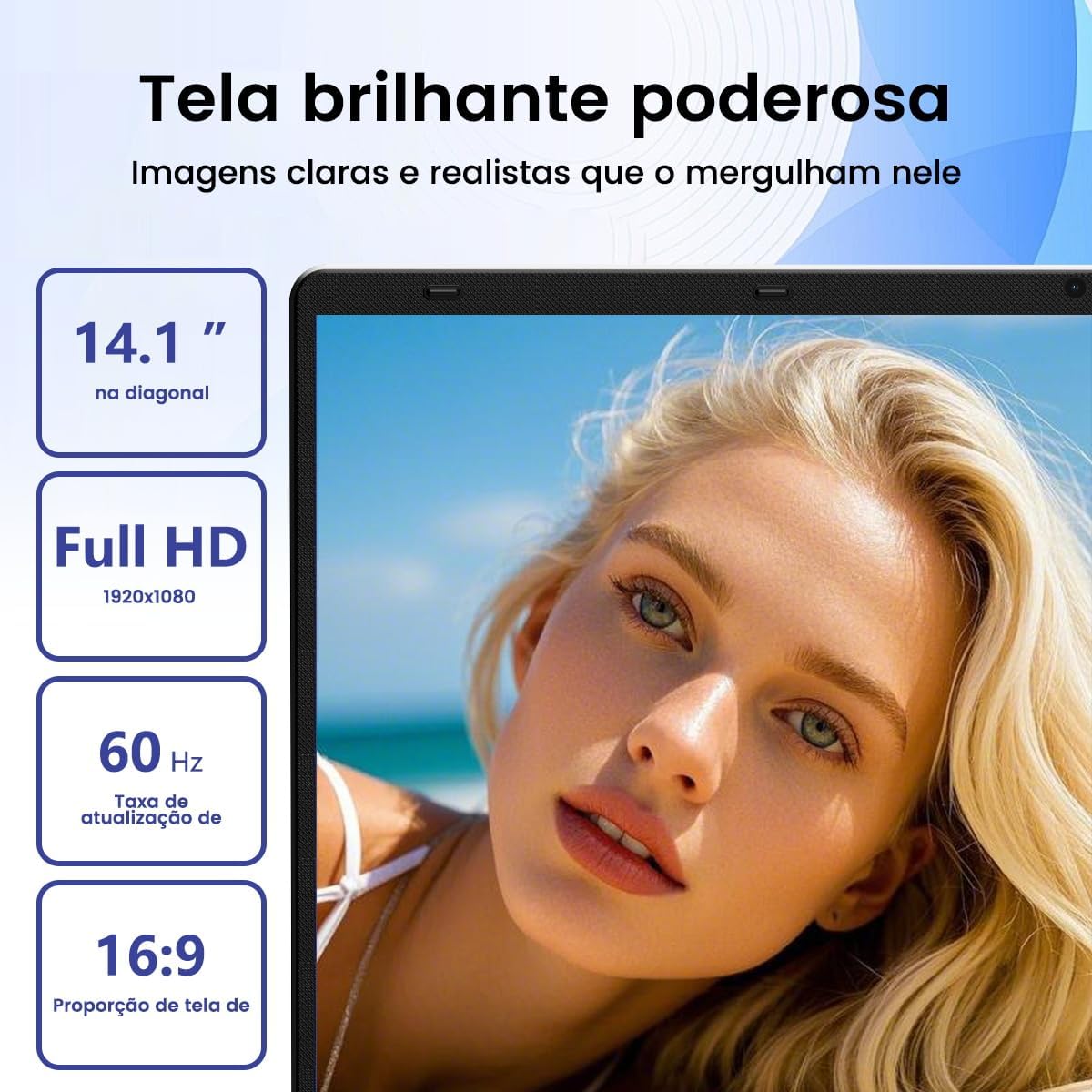 Imagem frontal de um laptop em um cenário de praia com água azul e céu claro. Imagem frontal de um laptop em um cenário de praia com água azul e céu claro.