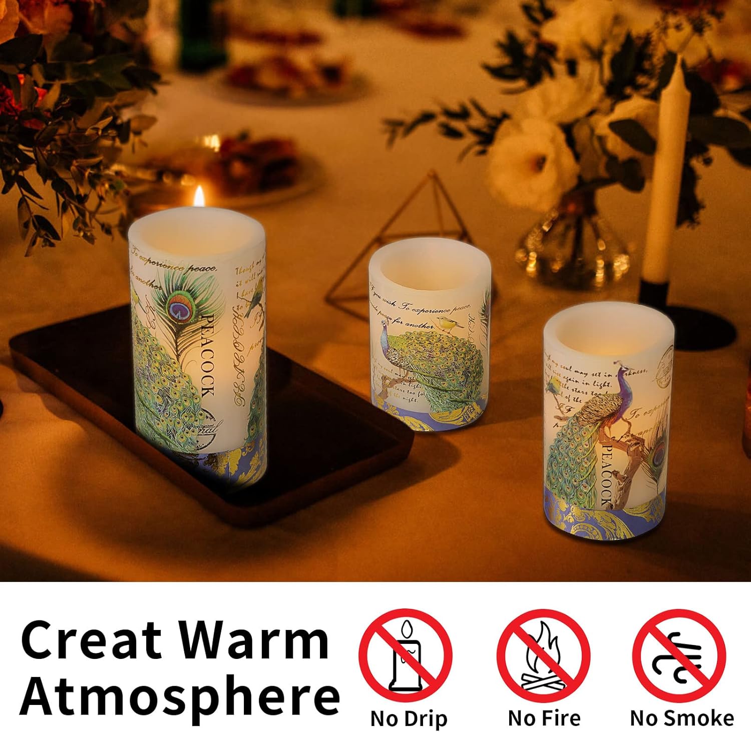 Flameless Candles Peacock Decor Battery Operated Candle with Remote Real Wax Flickering LED Pillar Candle Vintage Home Decor for Spring, Summer, Wedding Decor, Mothers Day Gifts