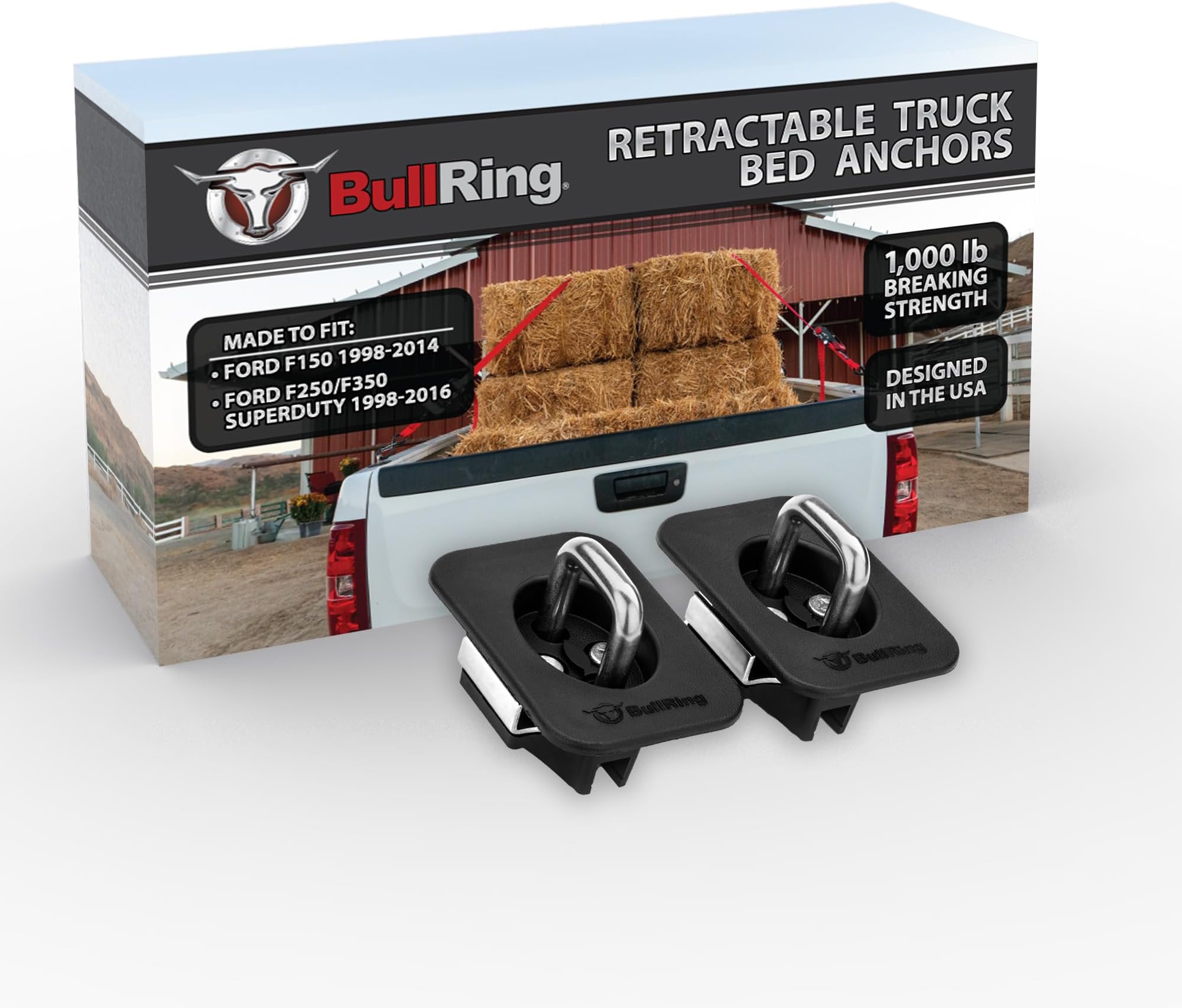 Bull Ring Flush Fit Retractable Truck Bed Tie Down Anchors Compatible with 1998-2014 Ford F150, 1998-2016 Ford F250 & F350 Super Duty Trucks, Easy Installation, Stainless Ford Factory Look, 1 Pair