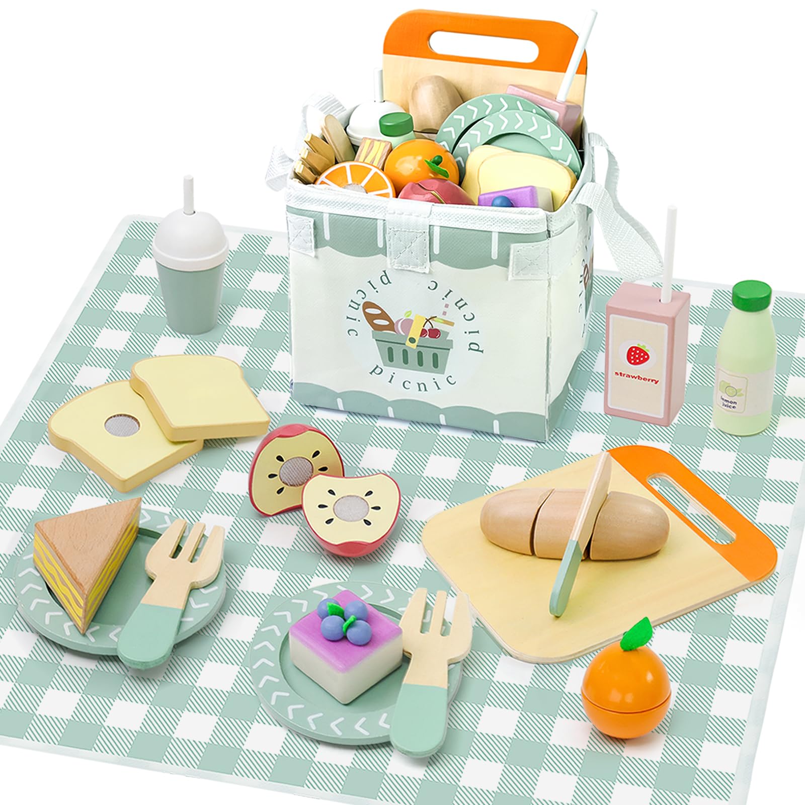 Masonbaby Picnic Playset - Wooden Play Food - Play Food Sets for Kids Kitchen - Pretend Food, Toy Food with Multifunctional Storage Bag, Non-Toxic Toy Picnic Set Best Gift for 3+ Toddlers