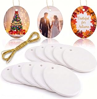 WILLBOND 10 Pcs Sublimation Blank Ceramic Ornament, 3 Inch White Ceramic Ornament Blanks with Gold String, Heat Press Transfer Supplies for DIY Craft Personalized Hanging Decoration(Elliptical Style)