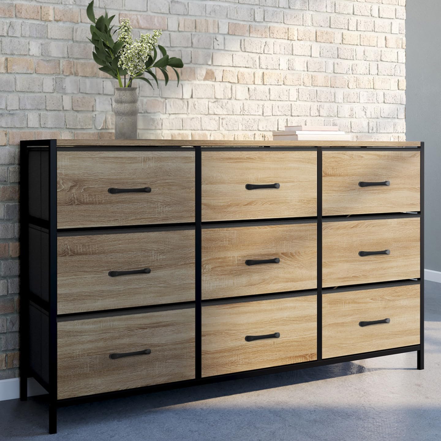 IDMarket Utah - Cómoda 9 cajones de tela (115 cm, mueble de almacenamiento, diseño industrial