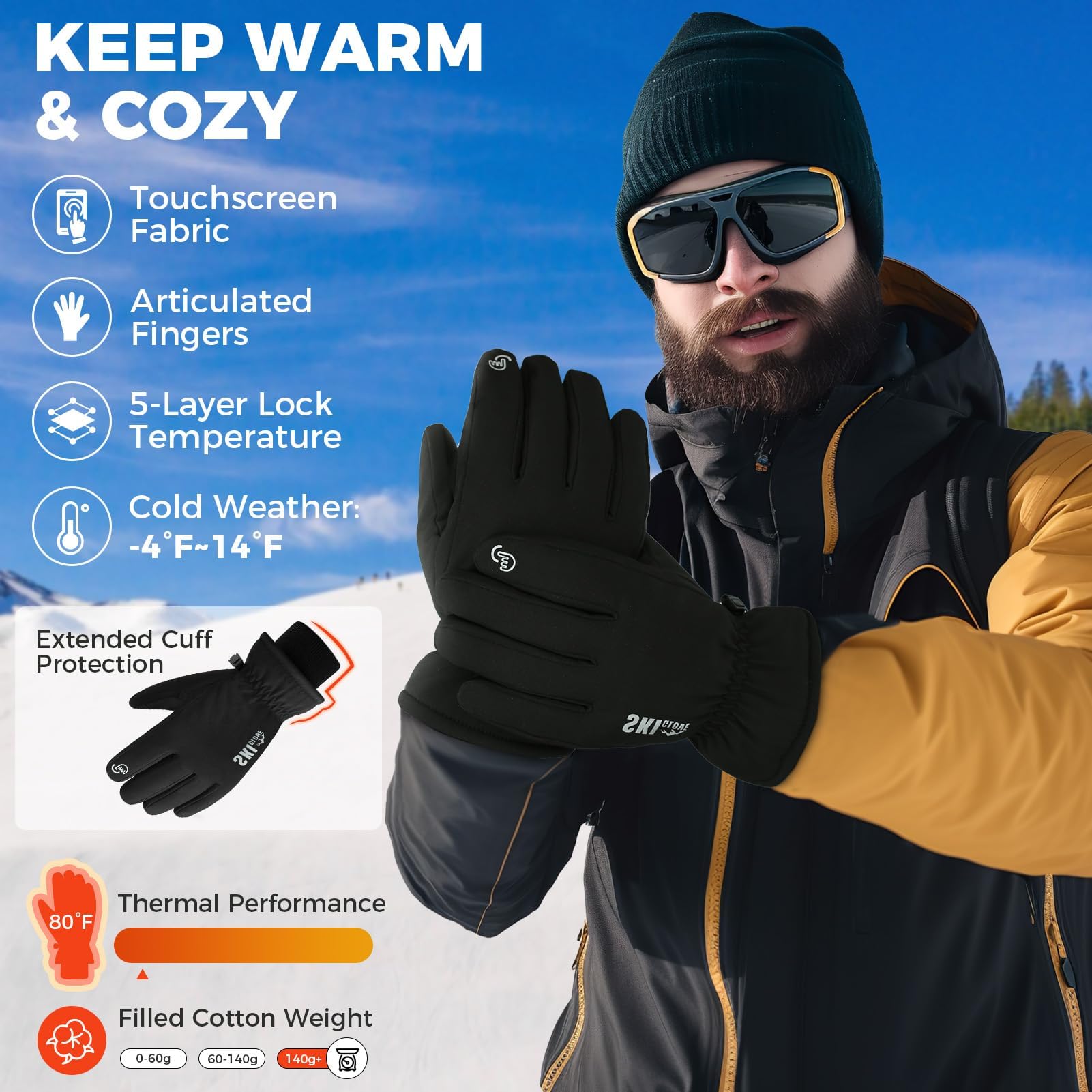 ZENUTA Guantes de invierno impermeables para hombre, guantes de esquí de nieve resistentes al viento, guantes térmicos cálidos transpirables para mujer, guantes de pantalla táctil de 5 dedos para