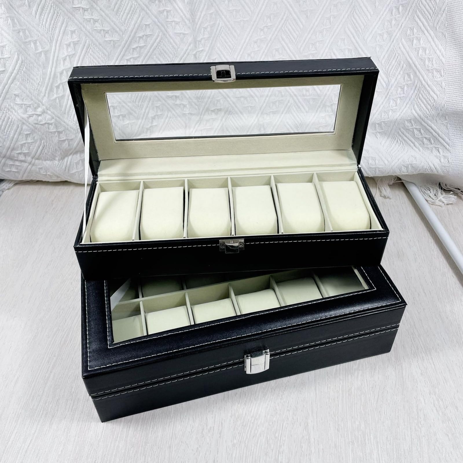 Boîte Montre Similicuir Fenêtre Acrylique Étui Organisateur 3 6 10 12 Emplacements Vitrine Rangement Set - C