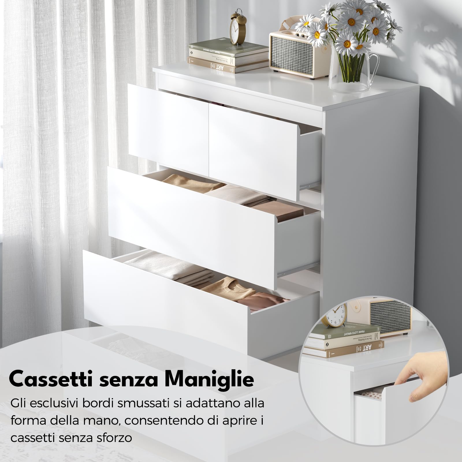 BEWISHOME Cassettiera Camera da Letto Moderna,Settimino con 5 Cassetti,Cassettiera Bianca,Salvaspazio,Mobile Camera da Letto per Soggiorno,Bagno e Ingresso,68x38x94 cm,EKCG07W