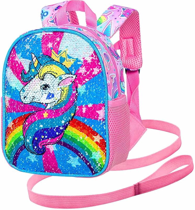 AGSDON Mochila para niños pequeños con correa, correas de seguridad de unicornio para bebé de 9,5 pulgadas, mochila con correa extraíble