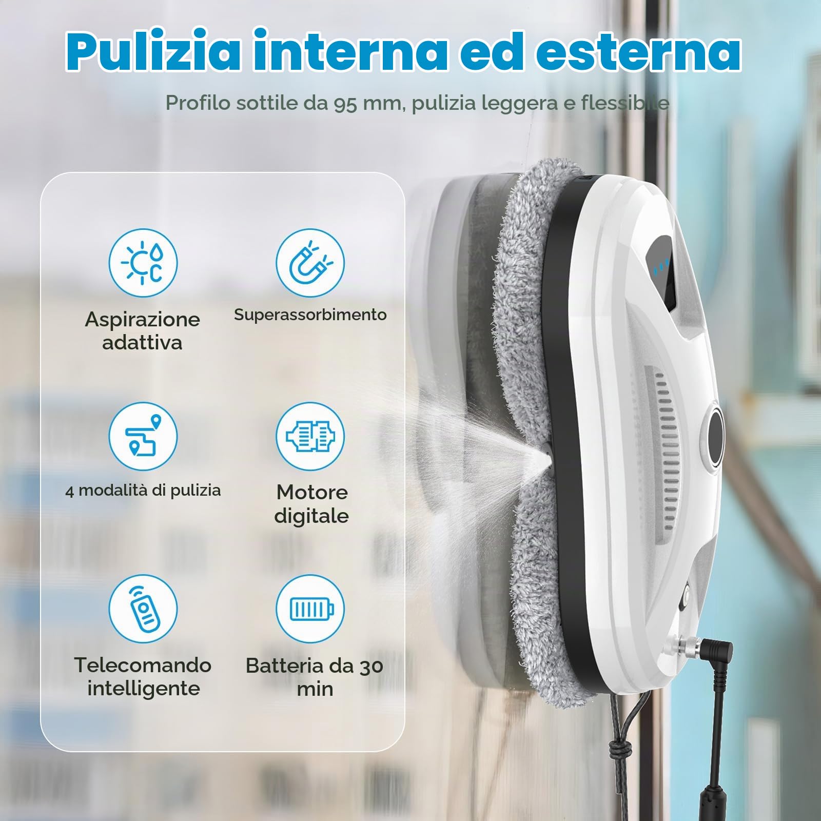 Robot per la pulizia delle finestre, 5600 Pa, con funzione automatica a doppio spruzzo, 3 modalità di pulizia, sistema di rilevamento dei bordi, telecomando, sistema di sicurezza, per vetro