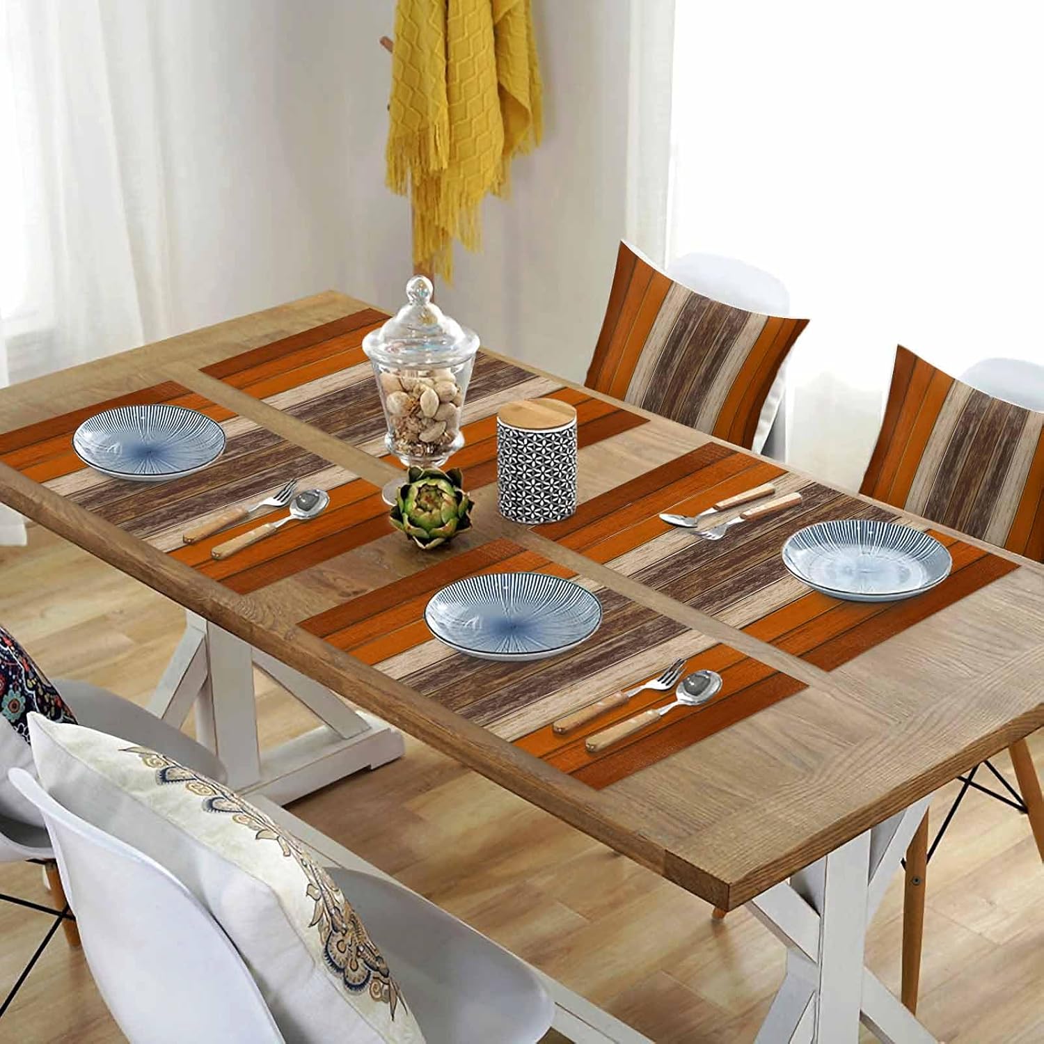 Farmhouse Burnt Orange Brown Placemats for Dining Table Set of 4 Linen Place Mats for Kitchen/Dining, Vintage Country Wooden Non Slip, Washable Table Mats 13x19 for Round Rectangle Tables