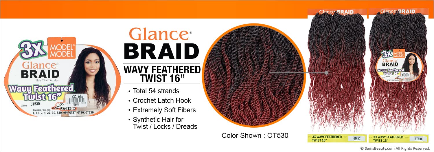 ModelModel Synthetic Hair Crochet Braids Glance 3X Wavy Feathered Twist 16" (16 Inch (Pack of 3), 1B)