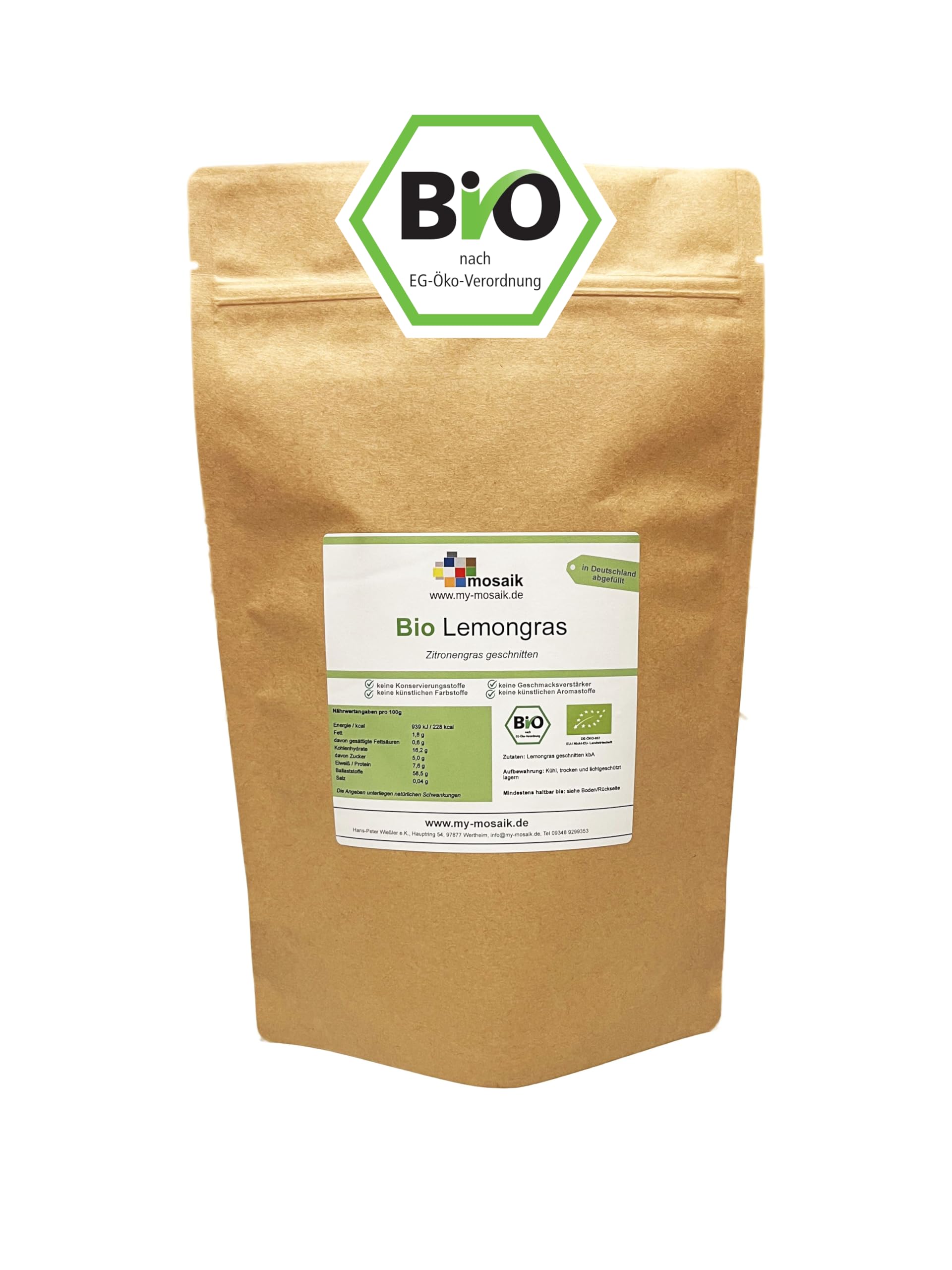 Zitronengras Bio 250g - Zitronengras getrocknet, geschnitten und naturbelassen - Lemongras - ideal zur Verwendung in der Zubereitung von Tee - naturrein in Bio-Qualität von my-mosaik (250g)