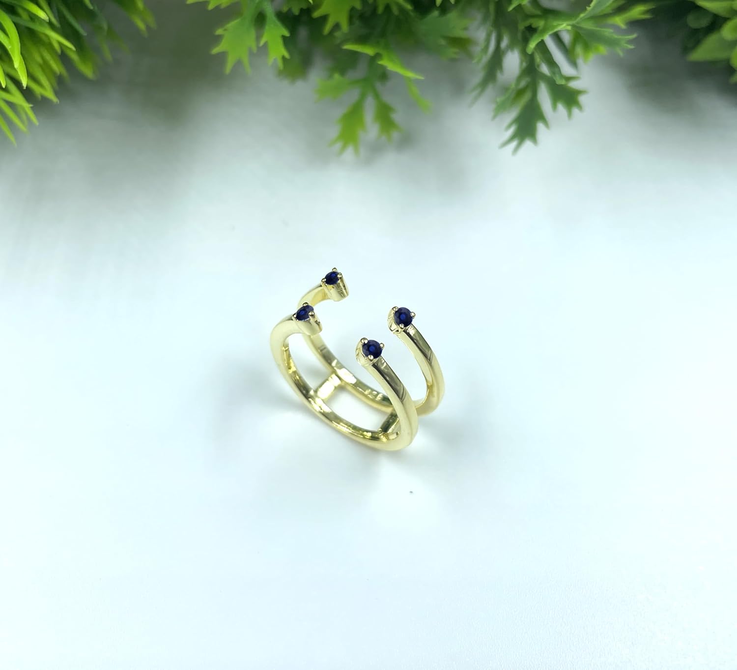 Round Cut Blue Sapphire 2-Stone Open Wedding Band Enhancer Guard For Women, 14K Gold Plated 925 Silver September Birthstone Blue Sapphire Open Two Stone Enhancer Wrap Guard Matching Band