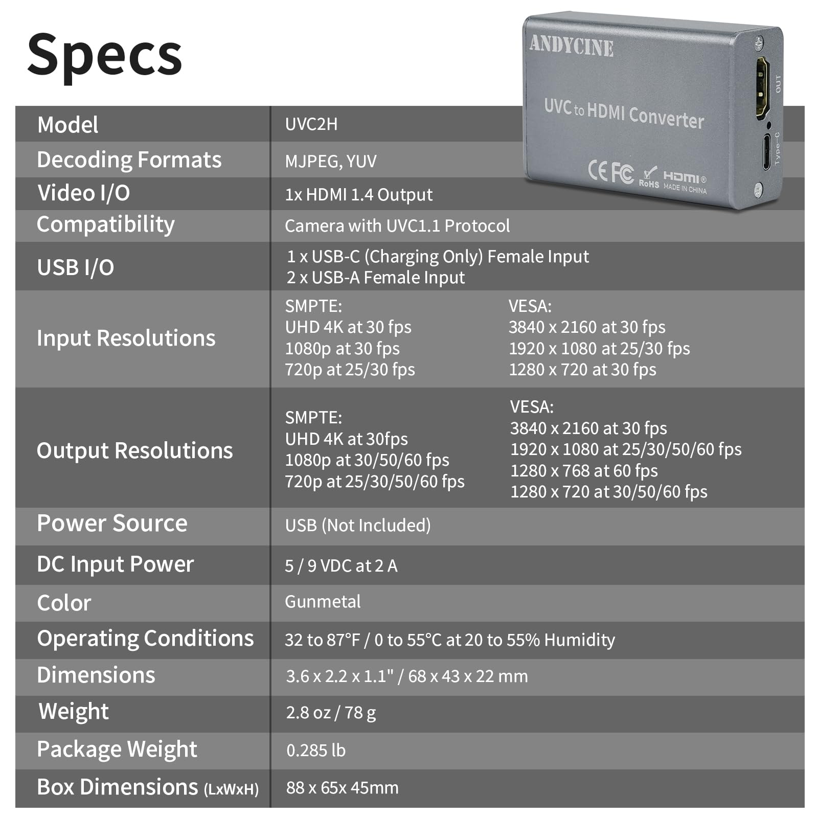 ANDYCINE UVC2H UVC zu HDMI Konverter/Adapter mit Power Delivery, kompatibel mit DJI Osmo Action 4/5 & Pocket 3, Insta360, USB zu HDMI, für Live-Streaming, Webcam auf TV/Monitor/Capture Card