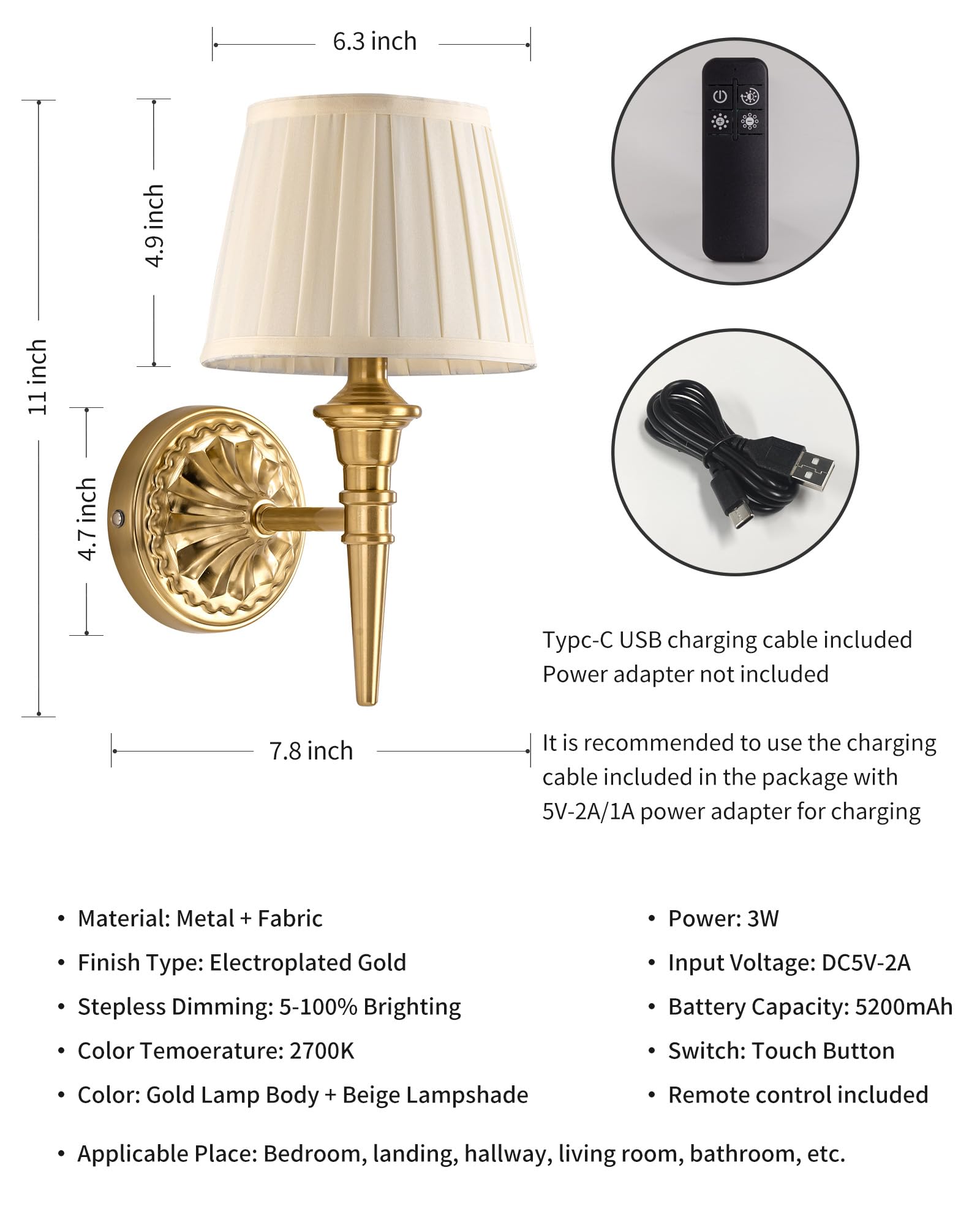 Akku Wandlampe Innen 2 Stück,5200mAh Aufladbar LED Wandleuchte mit Stoffschirm,Dimmbar Wandleuchten für Wandmalerei,Wohnzimmer,Schlafzimmer,Flur,Geschenke,Küche (Gold)