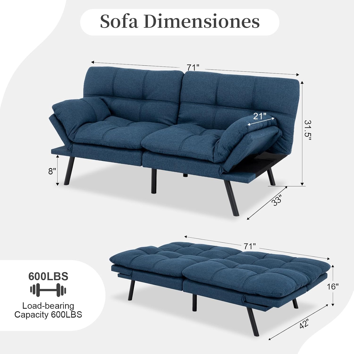 Opoiar Futon Sofa Bed Convertible Memory Foam Foldable Couch Modern Sleeper Loveseat with Adjustable Armrests&Backrests for Small Spaces Office Studio Apartment Dorm Game Room