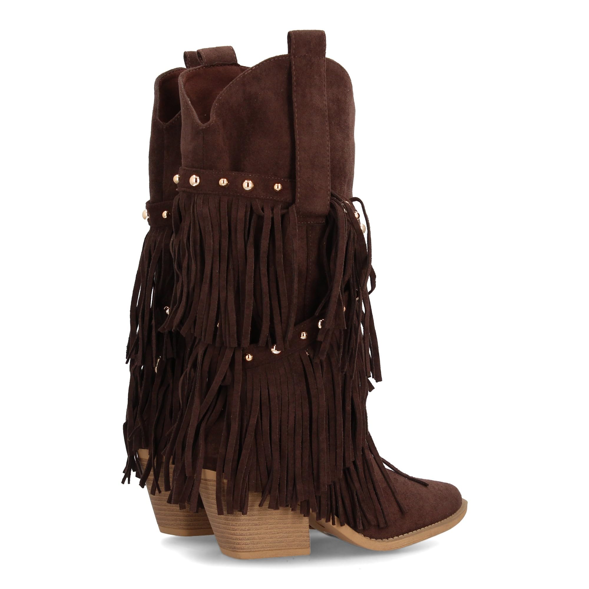 Bota de Estilo Western con Cana Alta Decorada con Flecos en Cascada y Tachuelas metalicas, Punta Fina y Tacon Cubano. Ideal para Mujer en Temporada de Otono Invierno