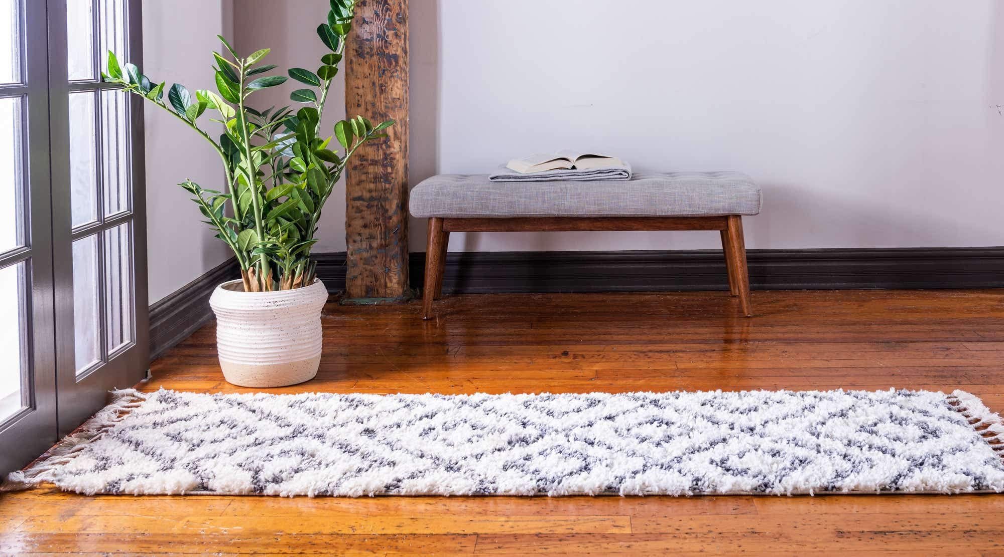 Unique Loom Hygge Shag Collection Alfombra geométrica de Entramado de Felpa acogedora, 2 pies 7 x 8 pies 2, Marfil/Gris