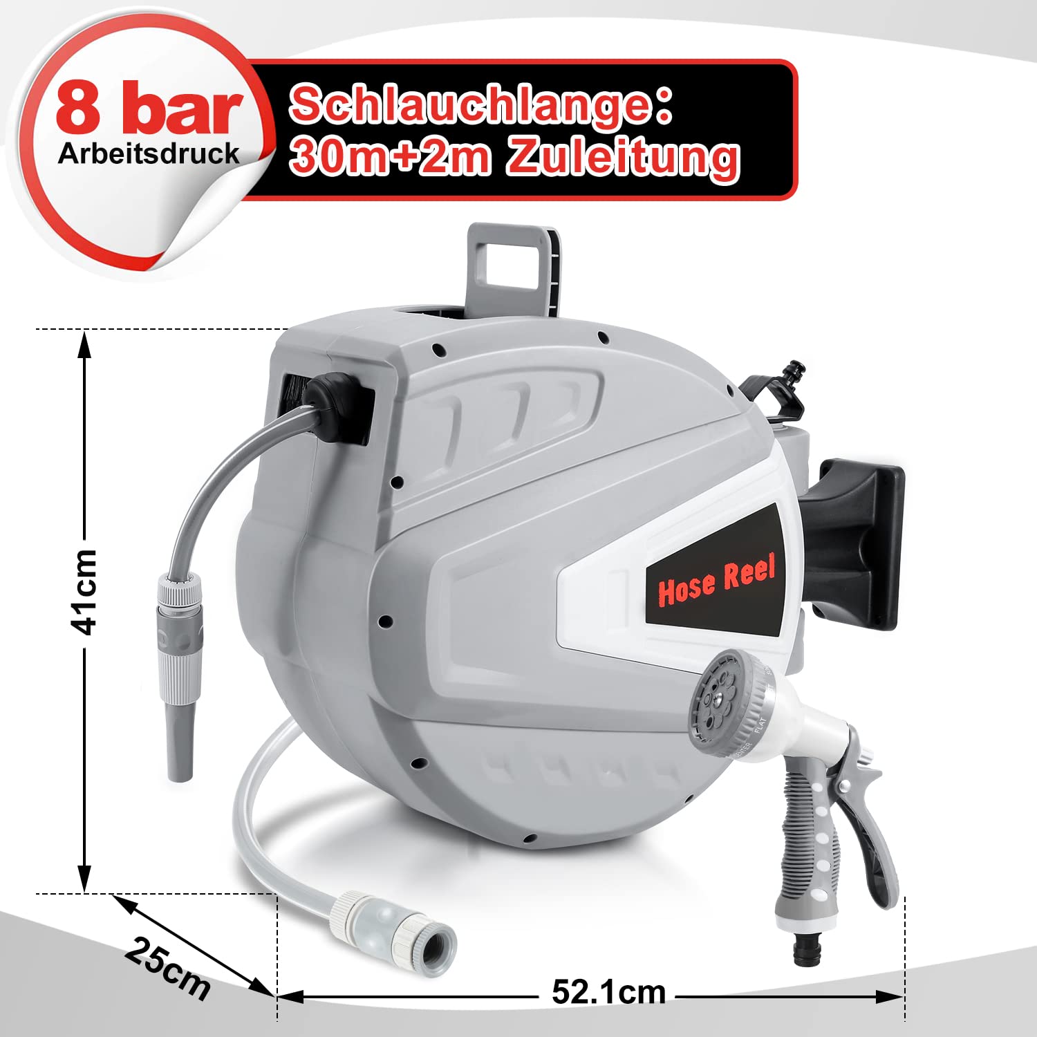 Sonnewelt Schlauchtrommel Schlauchbox, 30+2m Automatik Schlauchaufroller, Wand-Schlauchbox mit Handbrause Gartenschlauch, 180° drehen wasserschlauch trommel Schlauchtrommel-grau