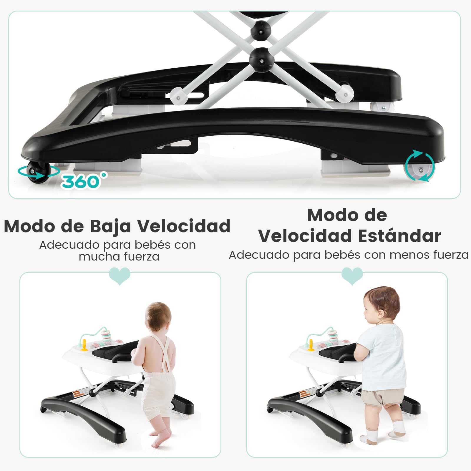 COSTWAY Andador Bebes 3 en 1, Andador Plegable para Bebé con 3 Alturas Ajustables, Asiento Acolchado Cómodo y Plato de Juguetes Extraíble, Tacata Bebe con Ruedas para Niños de 6+ Meses (Negro)