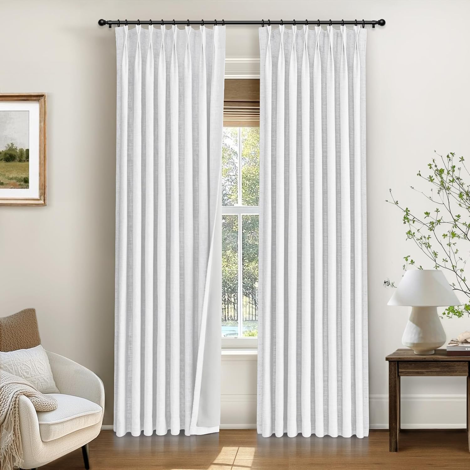 INOVADAY Pinch Pleated Curtains, 100% Light Blocking Linen Pinch Pleat Blackout Curtains for Bedroom, Thermal Insulated Blackout Drapes 2 Panels Set for Living Room - White, W40 x L120