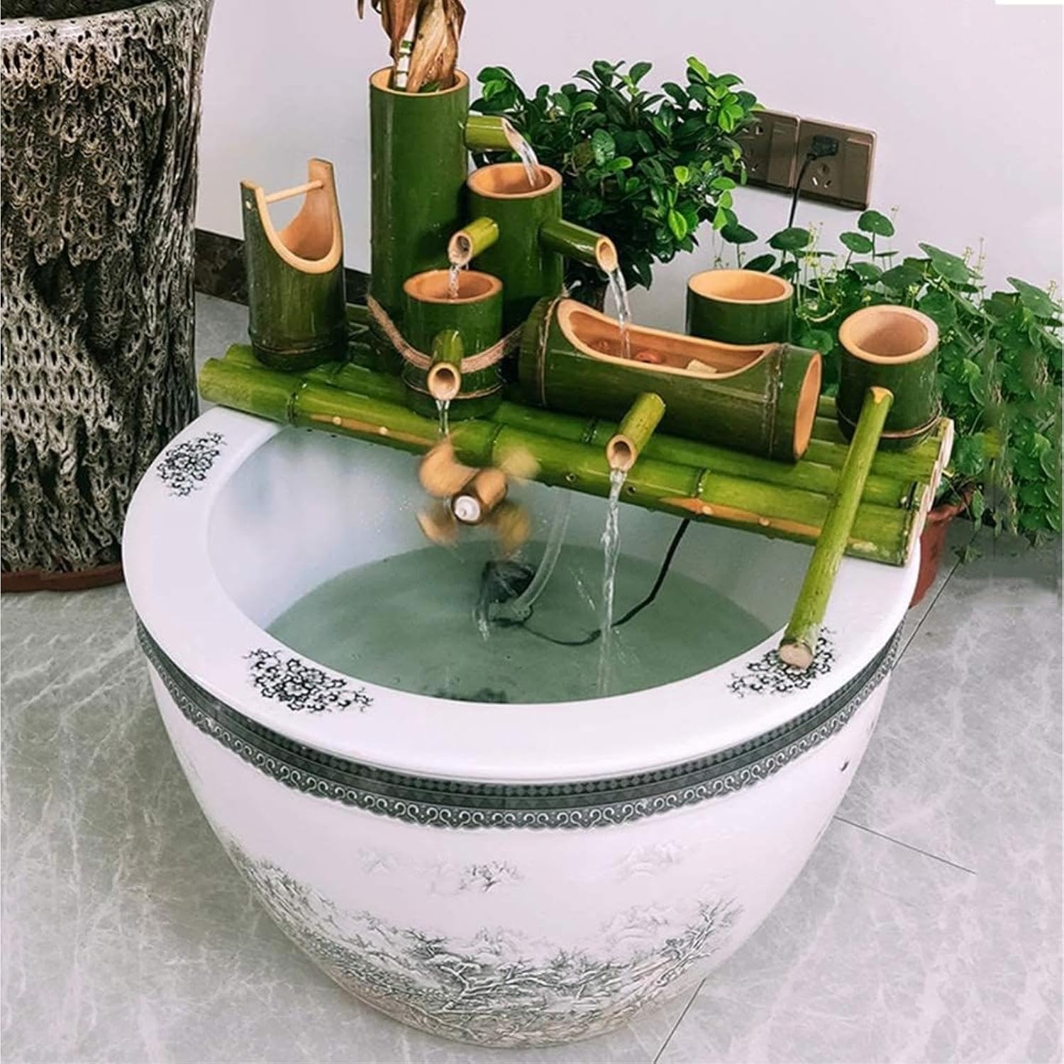 Bamboo Fountain Kit, Zen Garden Bamboo Water Feature with Pump, Handcrafted Outdoor Fountain Decor, Tabletop Waterfall, for Patio, Pond and Backyard Landscaping