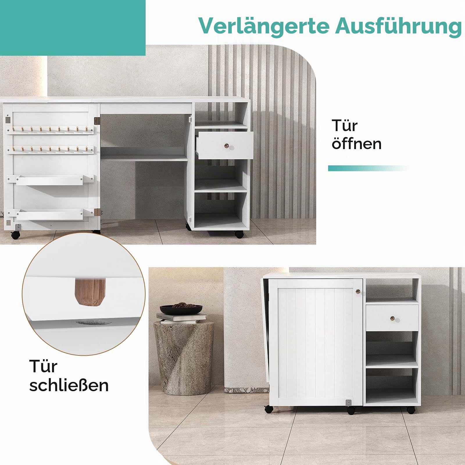 LIFEZEAL Faltbarer Nähtisch, Mobiler Schrank für Nähmaschine mit Aufbewahrungsregalen & Haken, Nähschrank Nähmaschinenschrank mit Rollen, Weiß