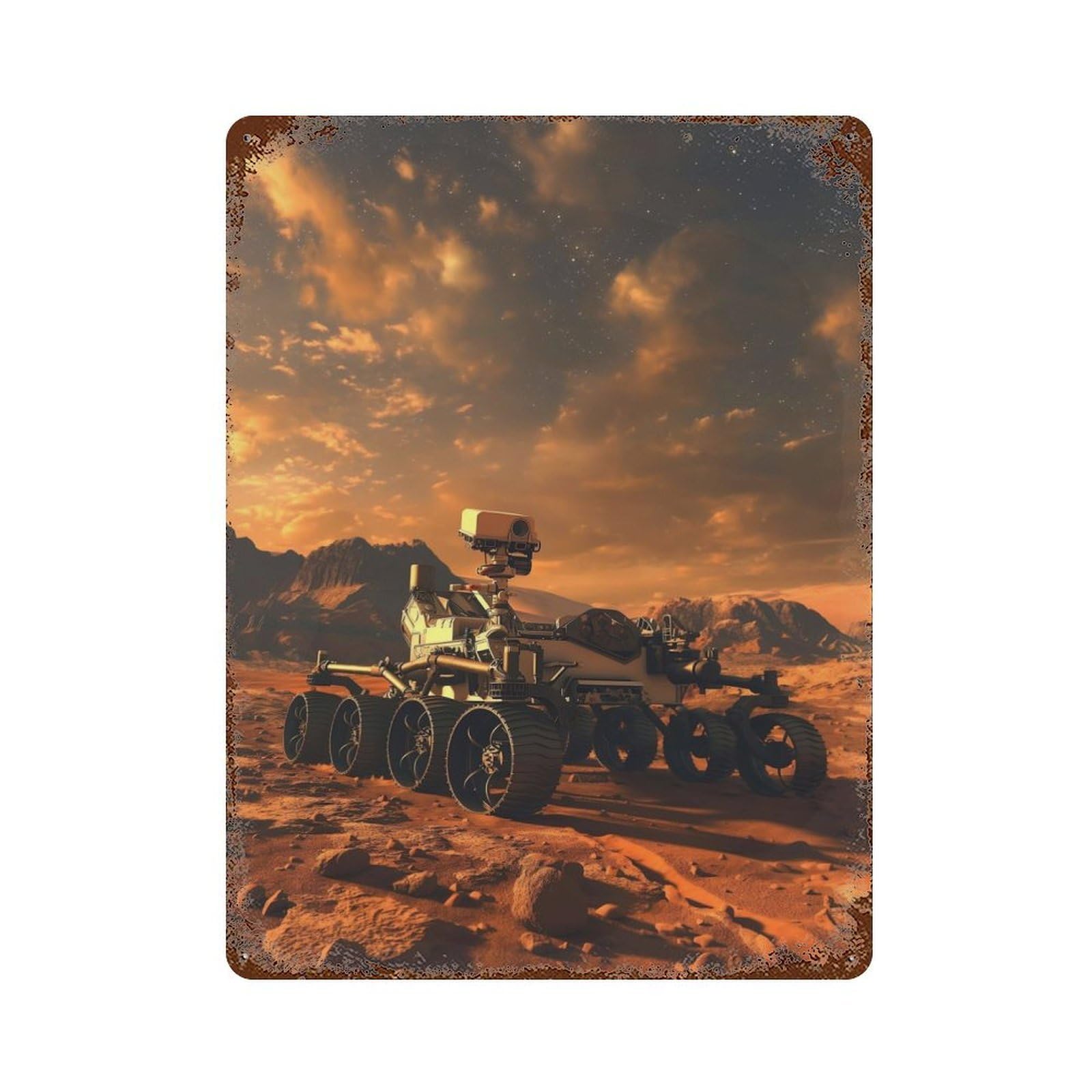 Martian Rover Vintage Wall Sign 15.7"x11.8", Rust Effect Metal Decor for Basement, Hobby Room And Garage Decor
