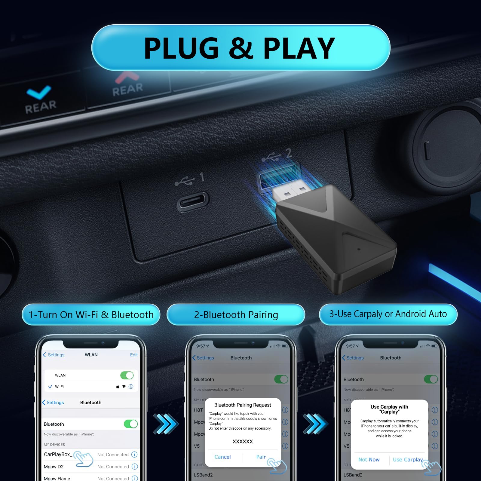 Adaptador inalámbrico 2 en 1 para Apple CarPlay y Android Auto, Conexión Rápida & Sin Retraso, Convierte Android Auto/Car Play Cableado a Inalámbrico para iOS 10+ y Coches de 2017+ (USB-A/C)