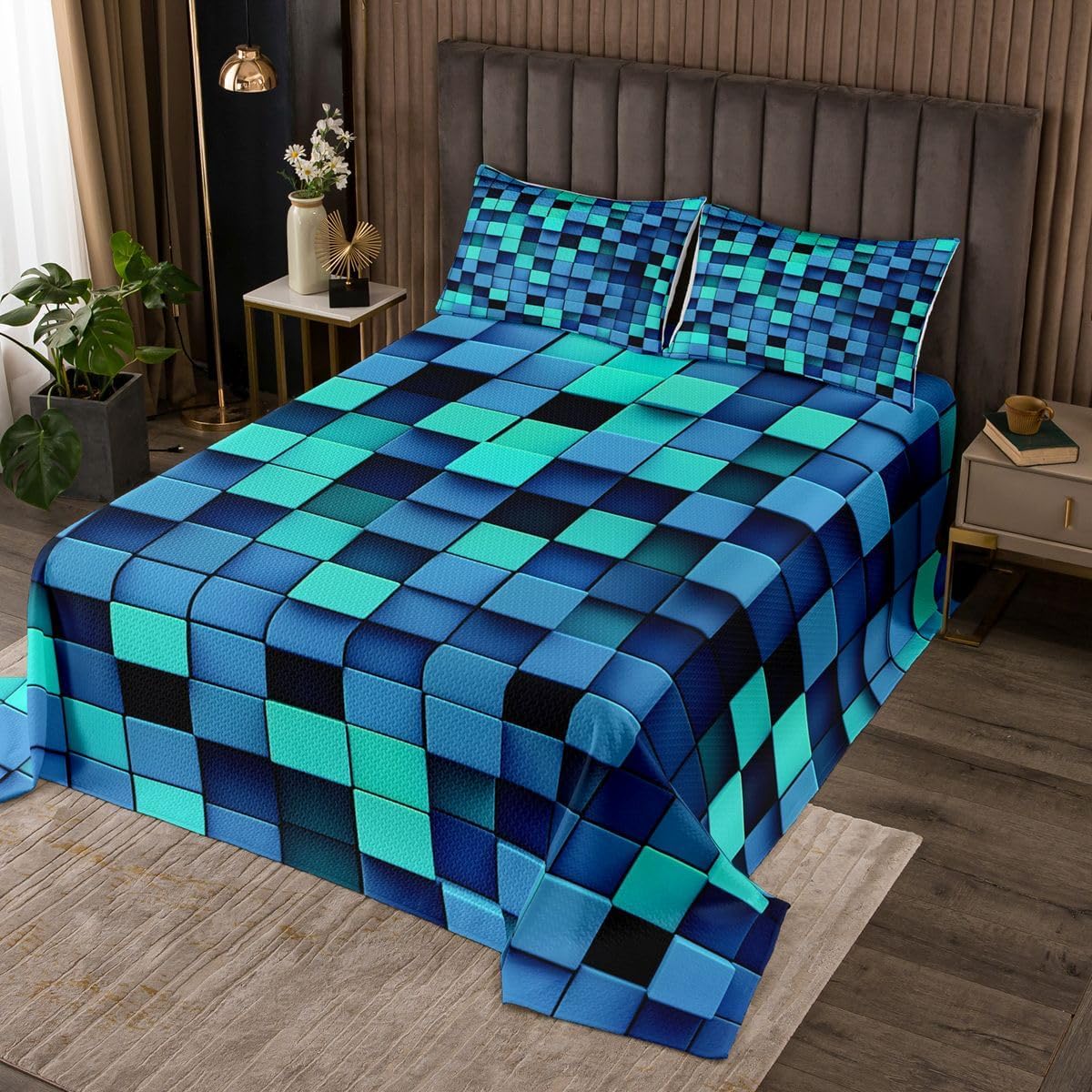 3D Geometric Block Quilt Sets Twin Size,Blue Pixelated Games Bedspread Coverlet 2Pcs for Kids Girls Boys Room Decor,Miners Video Games Quilts Set Modern Gamepad Bedding Comforter,1 Pillowcase