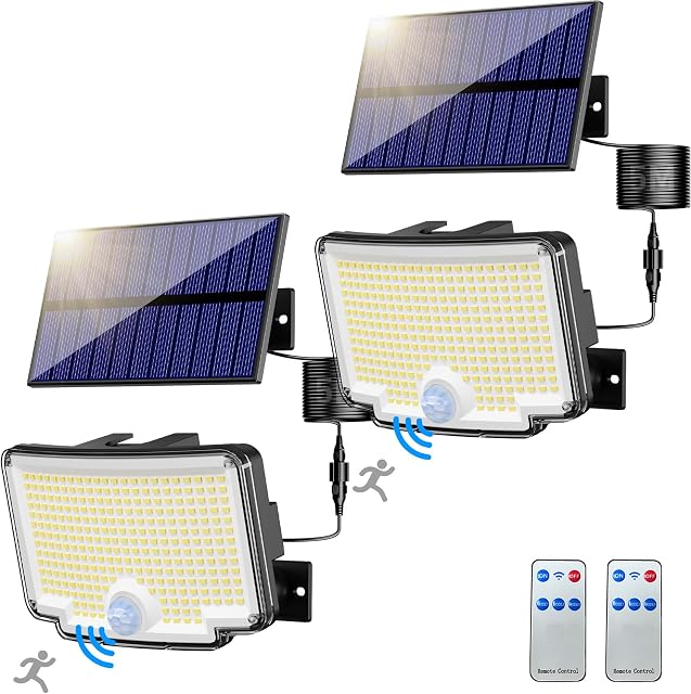 nipify 2 sztuki lamp solarnych do użytku na zewnątrz z czujnikiem ruchu, 310 diod LED, super jasne, 3 tryby pracy, lampa solarna zewnętrzna z oświetleniem szerokokątnym 210°, wodoszczelność IP65, z