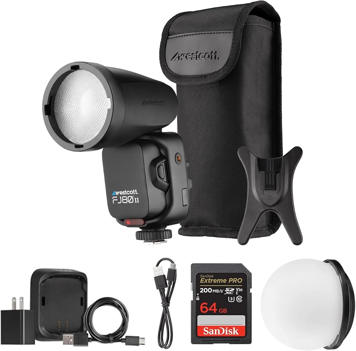 Paquete de flash estroboscópico Westcott FJ80 II M con domo de difusión FJ80 | Paquete de flash Westcott con pantalla táctil LED de 80 W. Incluye domo de difusión magnética FJ80 y tarjeta de memoria Extreme PRO UHS SDXC de 64 GB