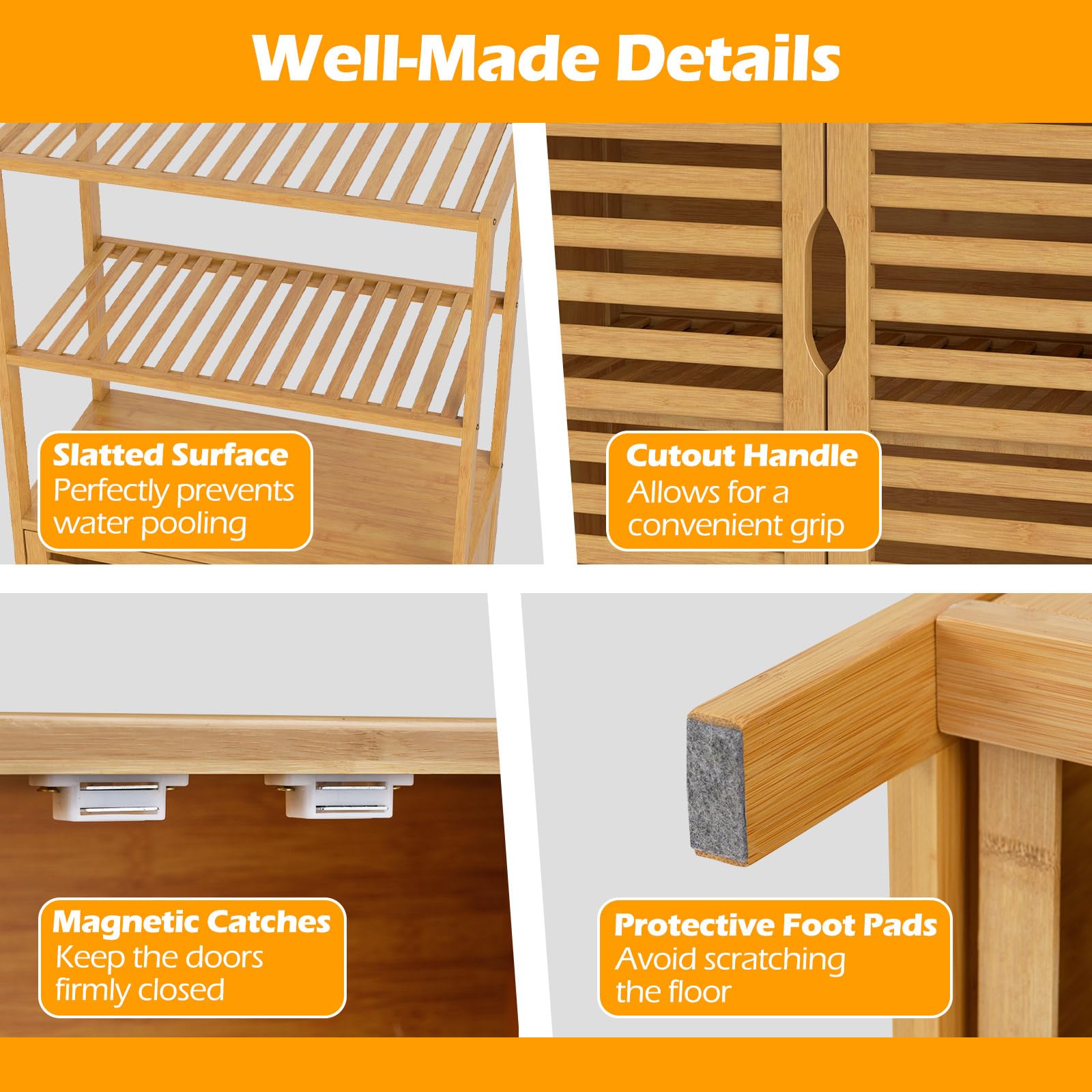 GIANTEX Armadietto Bagno Armadietto Bagno con 2 ripiani aperti e ante 60 x 33 x 116 cm Libreria in Bambù Scaffale portaoggetti per Soggiorno, Studio & Cucina