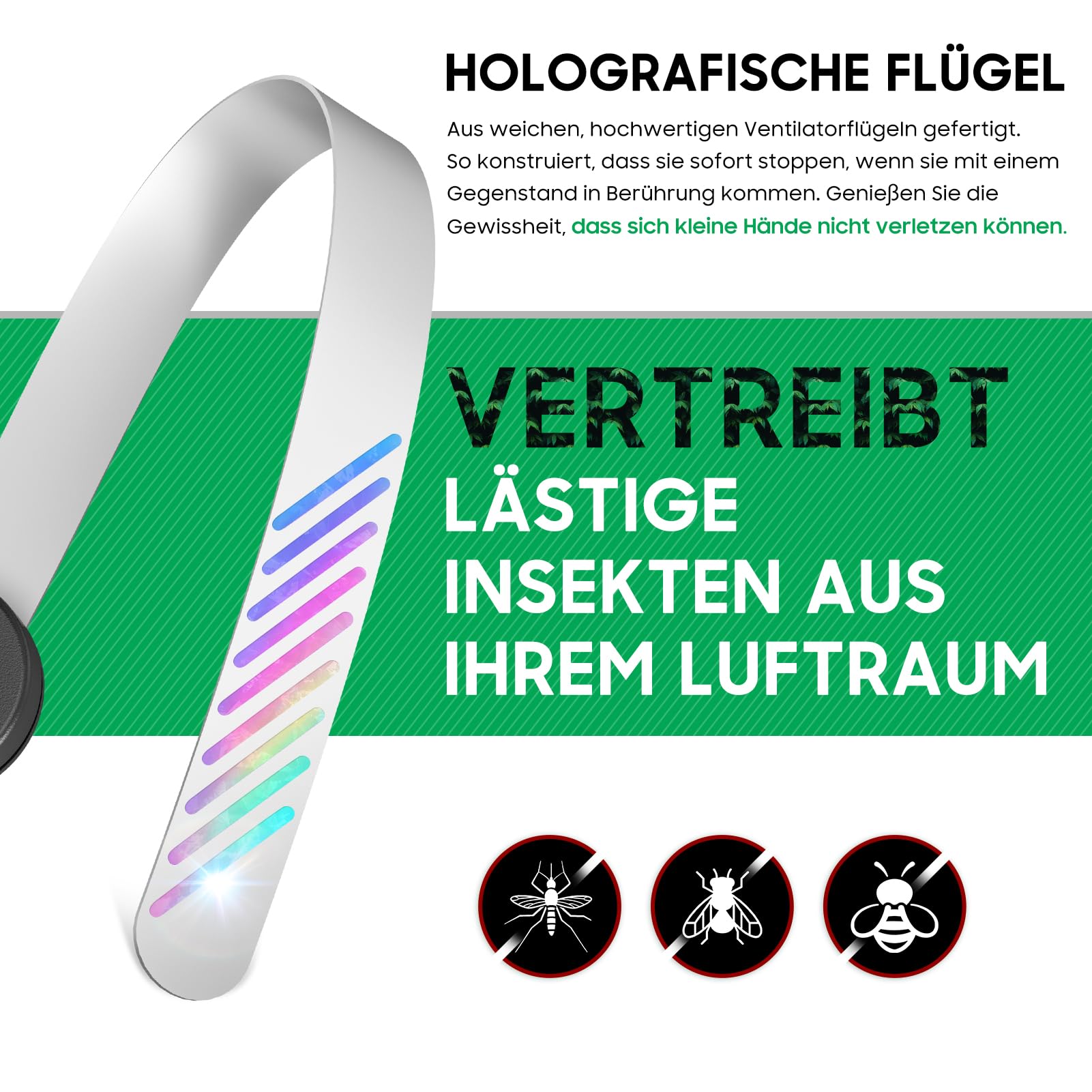 Fliegenwedler, Fliegenabwehr Tischventilator mit holografischen Flügeln,Aufhängbar für Innen & Außen, Insektenschutz für Camping, Garten & Terrasse（Ohne Batterien） 2 Pack