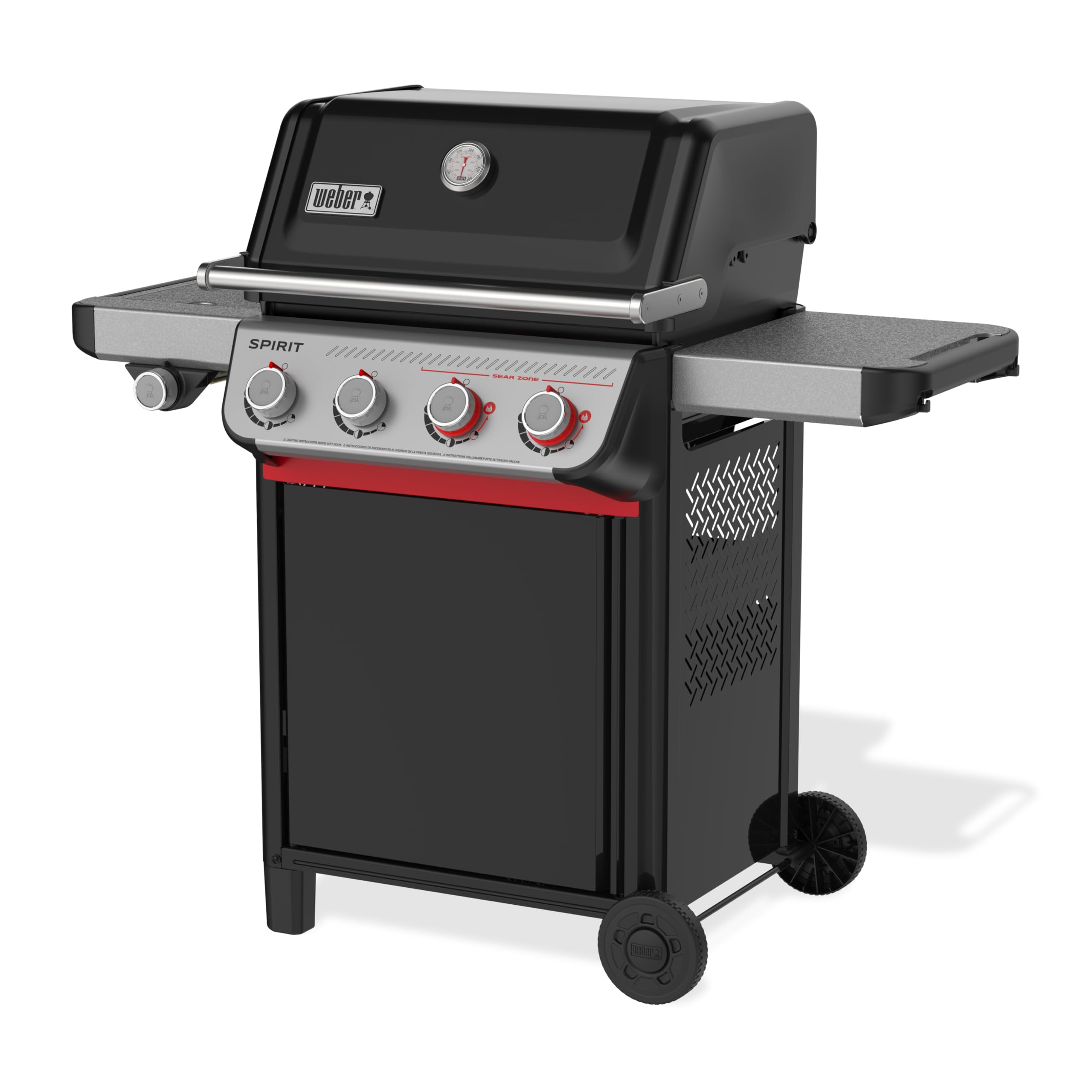 Weber Spirit E-435 Barbecue a gas con propano liquido per cucinare all'aperto, 4 fuochi e 1 bruciatore laterale, nero – Griglie in ghisa smaltata in porcellana, 2 bruciatori Boost, zona Sear