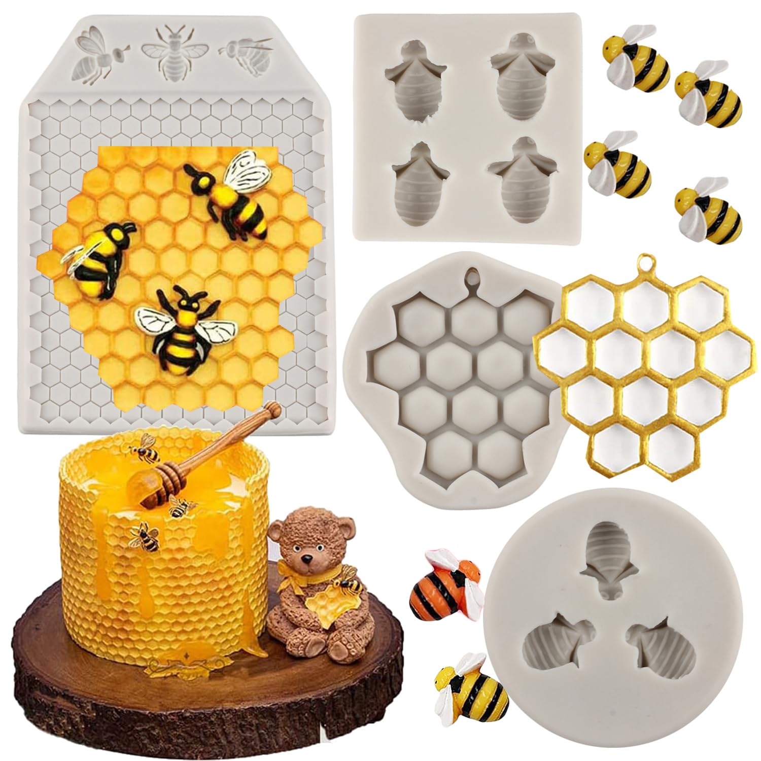 MYPRACS Honeycomb Bees Silicone Fondant Mould Bee Silicone Mould Set of 4