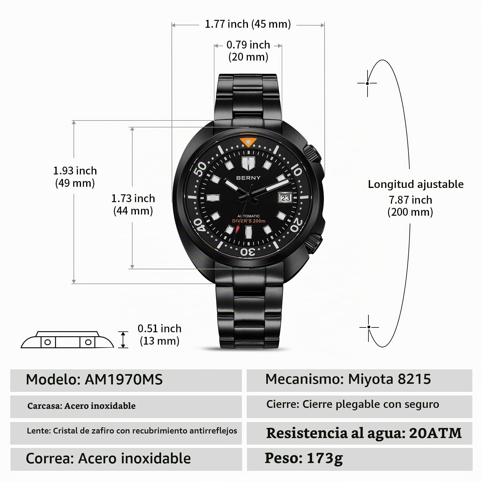 BERNY Reloj Automático Hombre Reloj De Buceo Todo Negro 200M Resistente Al Agua Reloj Analógico Mecánico De Pulsera Masculino con Fecha Super Luminosa Correa De Fluoroelastómero