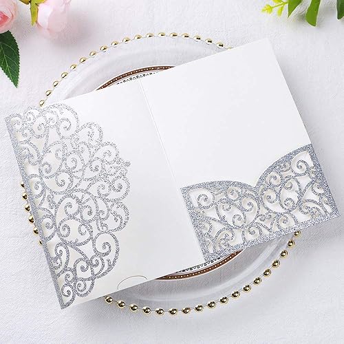 Vista 91 de ponatia 5.12 x 7.2 Invitaciones de boda de corte láser con purpurina negra, bolsillos de invitación triples cortados con láser con sobres