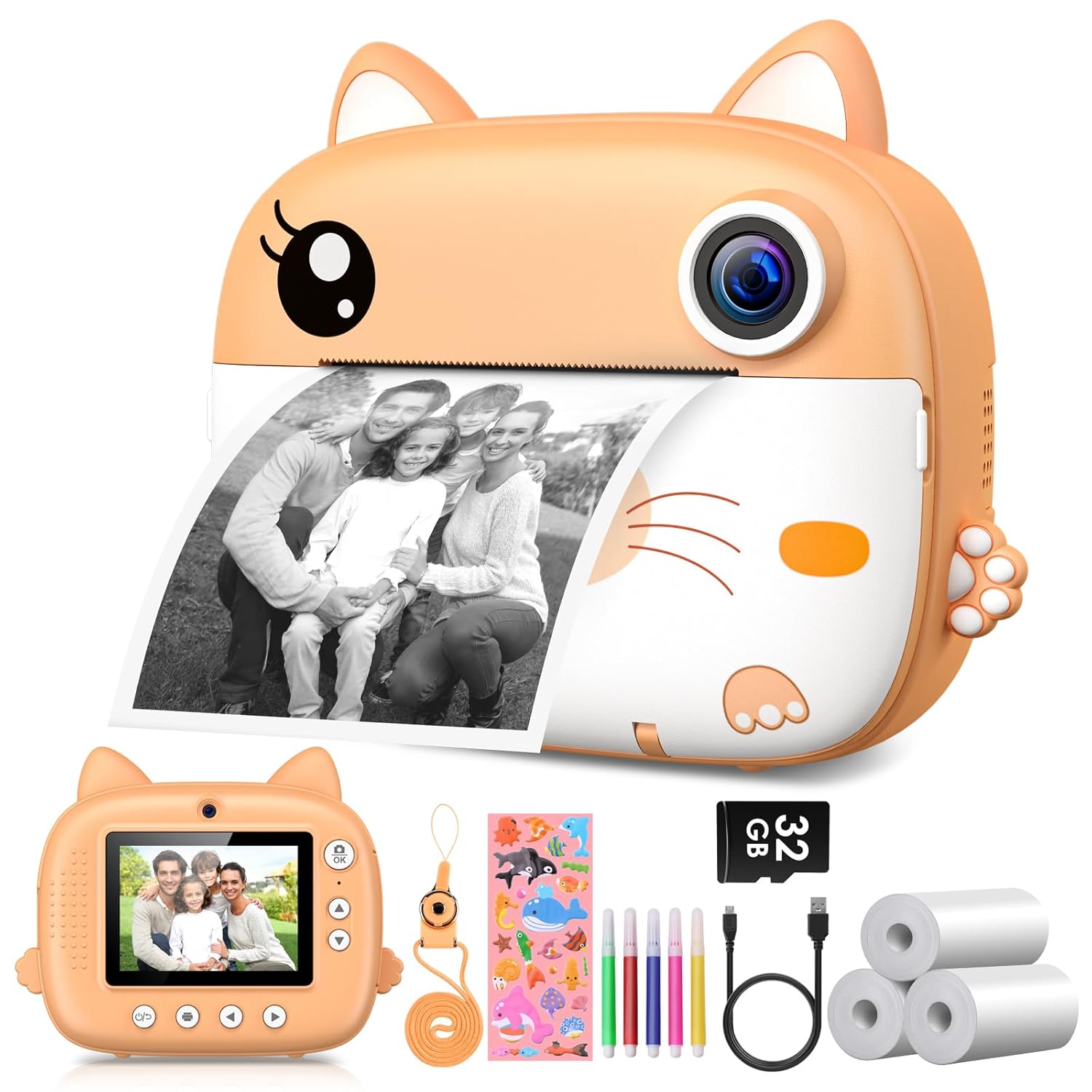 Kids Camera Instant Print,2.5K Digital Video Instant Print Camera for Kids, Selfie Toddler Cameras Print Paper & 32G SD Card, Christams Birthday Gifts for Girls Boys Age 3-12（Yellow）