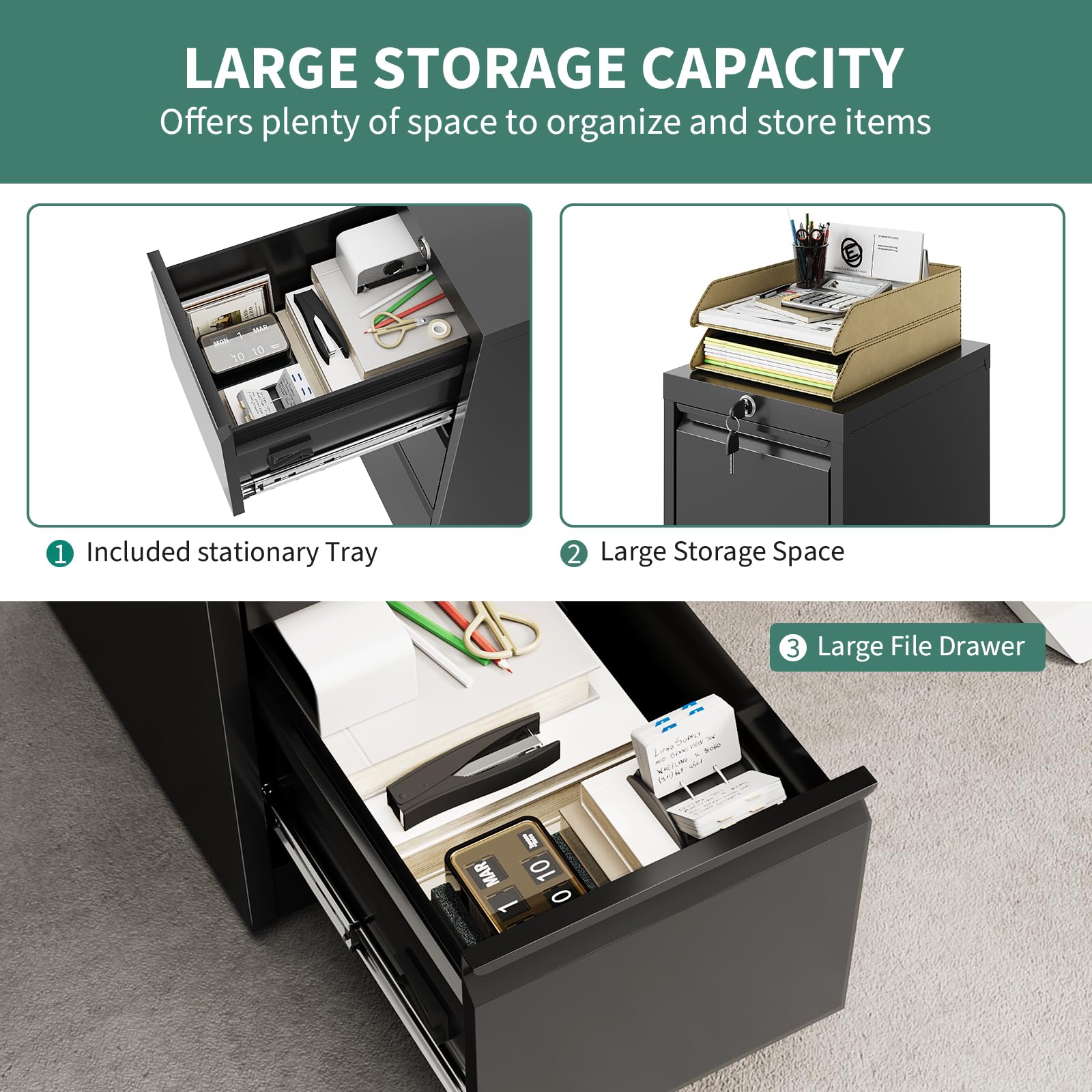 Garvee Classeur à dossiers métallique 4 tiroirs sécurisé – Rangement Vertical Robuste pour Documents A4/Légal/Lettre/F4 – Idéal Bureau – Serrure intégrée – Couleur Noire
