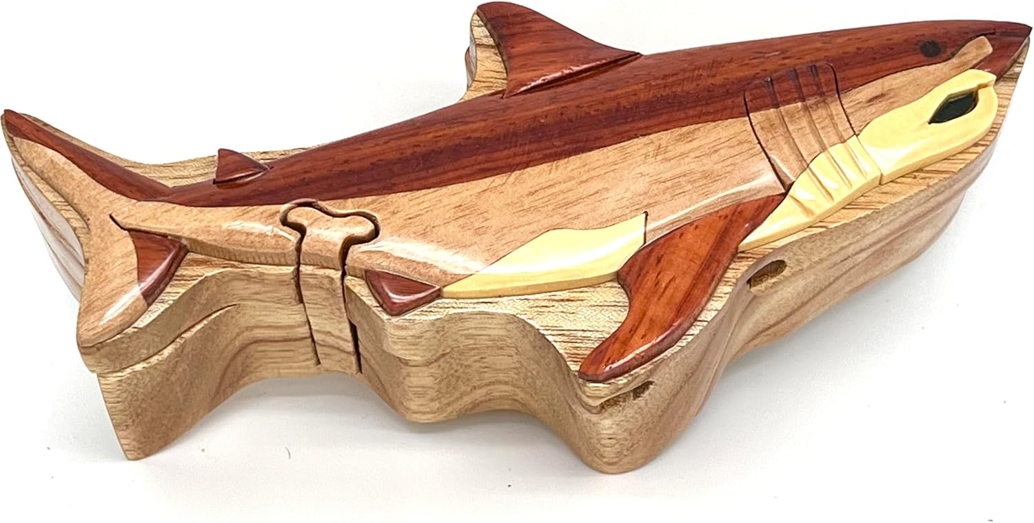 Shark, Handmade Wooden Puzzle Box with Secret Compartment, All-Natural Intarsia Wood Art