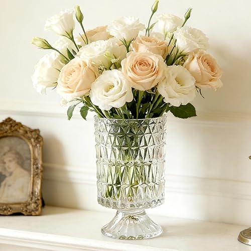 Vista 9 de BLOFLO - Jarrón de vidrio en relieve, jarrones de cristal de 7 pulgadas para flores, jarrón de ramo de cristal con base grande de pedestal, jarrón