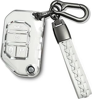Kirsnda for Jeep Key fob Cover,case with Keychain,Soft TPU Protect car Key Shell,fit Wrangler JL JLU Gladiator JT Rubicon,ect Flip Remote Smart Key(White)