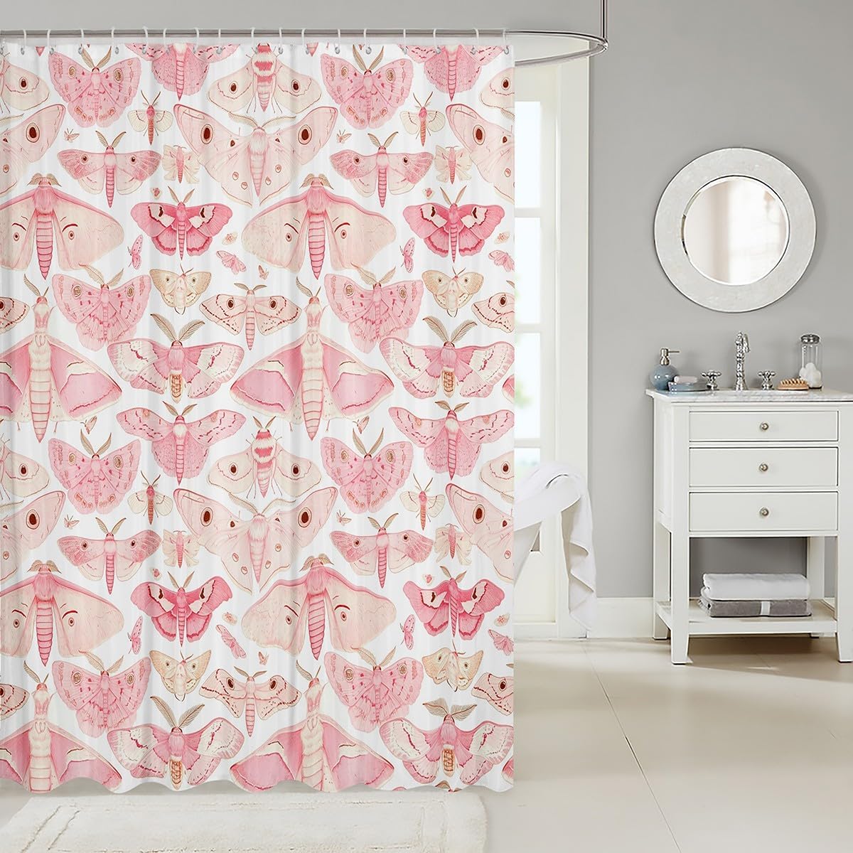 Feelyou Pink Moth Shower Curtain 72"x78" Boho Exotic Bath Curtain for Boys Girls Teens Bohemian Bathroom Shower Curtain Set Waterproof Kids Bathroom Accessories